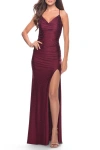La Femme Rhinestone Jersey Dress With Slit And Ruching In Dark Berry