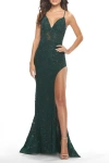 La Femme Rhinestone Lace Embellished Prom Dress With High Side Slit In Dark Emerald
