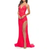 La Femme Rhinestone Lace Embellished Prom Dress With High Side Slit In Hot Coral