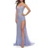 La Femme Rhinestone Lace Embellished Prom Dress With High Side Slit In Light Periwinkle