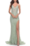 La Femme Rhinestone Lace Embellished Prom Dress With High Side Slit In Sage