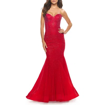 La Femme Rhinestone Mermaid Prom Dress With Sweetheart Neckline In Red