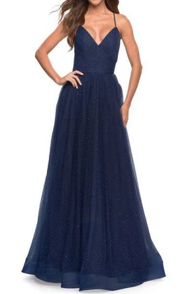 La Femme Rhinestone Tulle Ballgown With Slit And Lace Up Back In Blue