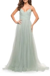 La Femme Rhinestone Tulle Ballgown With Slit And Lace Up Back In Sage