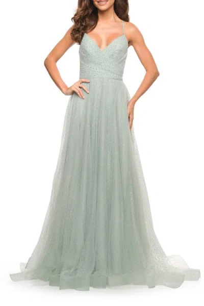 La Femme Rhinestone Tulle Ballgown With Slit And Lace Up Back In Sage