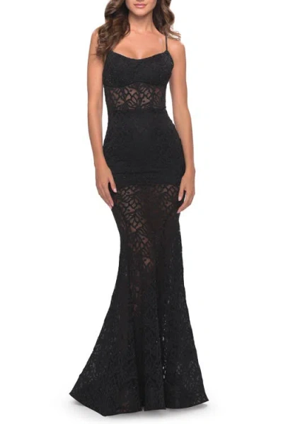 La Femme Romper Lace Dress With Sheer Skirt And Lace Up Back