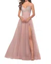 La Femme Ruched Banded Waist Prom Dress In Dusty Mauve In Pink