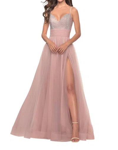 La Femme Ruched Banded Waist Prom Dress In Dusty Mauve In Pink
