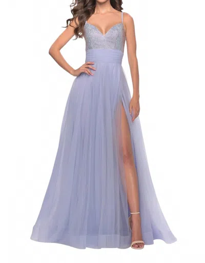 La Femme Ruched Banded Waist Prom Dress In Light Periwinkle In Blue