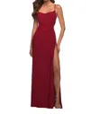 La Femme Net Jersey Long Ruched Gown In Red
