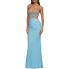 La Femme Ruched Gown With Rhinestone Bodice And Side Cutouts In Cloud Blue