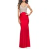 La Femme Ruched Gown With Rhinestone Bodice And Side Cutouts In Red