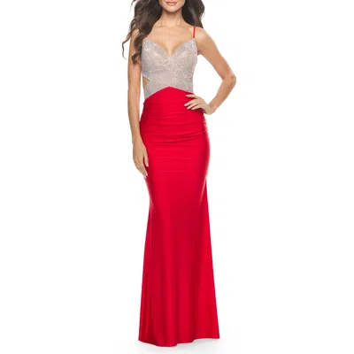 La Femme Ruched Gown With Rhinestone Bodice And Side Cutouts In Red