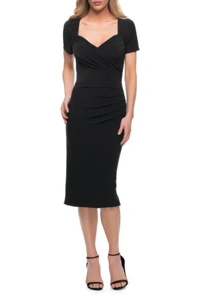 La Femme Ruched Jersey Below The Knee Dress With Short Sleeves In Black