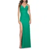 La Femme Ruched Jersey Dress With Draped Neckline And High Slit In Jade