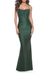 La Femme Ruched Jersey Dress With Illusion Corset Lace Top In Dark Emerald