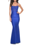 La Femme Ruched Jersey Dress With Illusion Corset Lace Top In Royal Blue