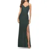 La Femme Ruched Jersey Dress With Lace Up Back In Dark Emerald
