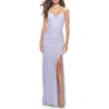 La Femme Ruched Jersey Dress With Lace Up Back In Light Periwinkle