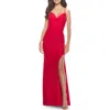 La Femme Ruched Jersey Dress With Lace Up Back In Red