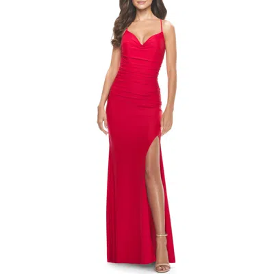 La Femme Ruched Jersey Dress With Lace Up Back In Red