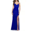 La Femme Ruched Jersey Gown With Intricate Lace Up Back In Royal Blue