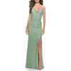 La Femme Ruched Jersey Dress With Lace Up Back In Sage