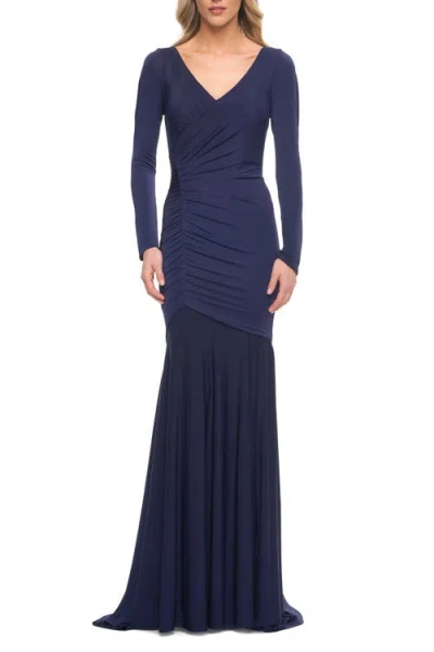 La Femme Ruched Jersey Evening Gown With Long Sleeves In Navy