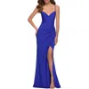 La Femme Ruched Jersey Gown With Intricate Lace Up Back In Royal Blue