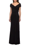 La Femme Ruched Jersey Long Gown With V-neckline In Black