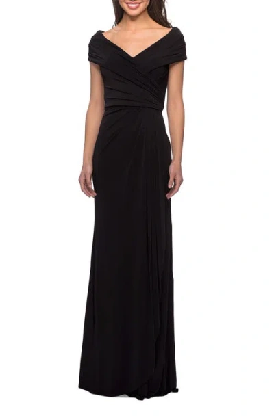 La Femme Ruched Jersey Long Gown With V-neckline In Black