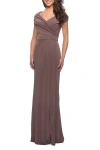 La Femme Ruched Jersey Long Gown With V-neckline In Cocoa