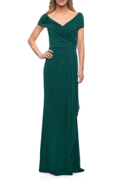 La Femme Ruched Jersey Long Gown With V-neckline In Emerald