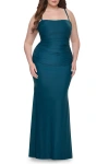 La Femme Ruched Jersey Plus Dress With Lace Up Back