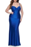 La Femme Ruched Jersey Plus Size Dress With Lace Up Back