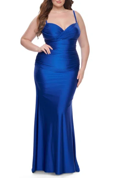 La Femme Ruched Jersey Plus Size Dress With Lace Up Back