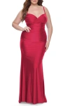 La Femme Ruched Jersey Plus Size Dress With Lace Up Back