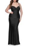 La Femme Ruched Jersey Plus Size Dress With Lace Up Back
