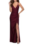 La Femme Ruched Jersey Prom Dress With Tie Up Back In Dark Berry