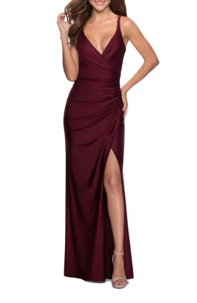 La Femme Ruched Jersey Prom Dress With Tie Up Back In Dark Berry