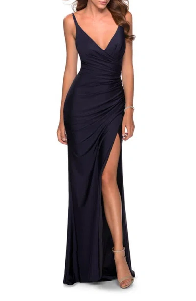 La Femme Ruched Jersey Prom Dress With Tie Up Back In Navy