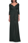 La Femme Ruched Long Dress With Ruffle Skirt Detail And Sleeves In Dark Emerald