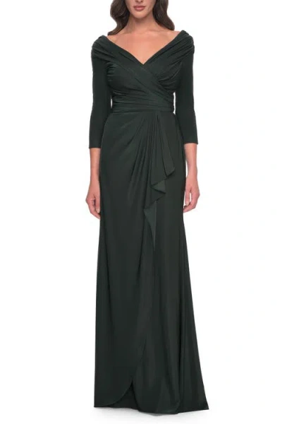 La Femme Ruched Long Dress With Ruffle Skirt Detail And Sleeves In Dark Emerald