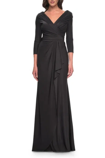 La Femme Ruched Long Dress With Ruffle Skirt Detail And Sleeves In Gunmetal