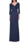 La Femme Ruched Long Dress With Ruffle Skirt Detail And Sleeves In Navy