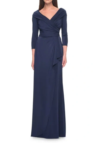 La Femme Ruched Long Dress With Ruffle Skirt Detail And Sleeves In Navy