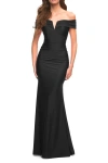 La Femme Ruched Off The Shoulder Gown With V Neckline In Black