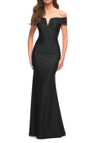 La Femme Ruched Off The Shoulder Gown With V Neckline In Black