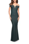 La Femme Ruched Off The Shoulder Gown With V Neckline In Dark Emerald