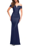 La Femme Ruched Off The Shoulder Gown With V Neckline In Navy